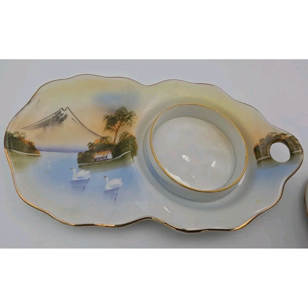 Vintage Japanese Eggshell Porcelain Mount Fuji Cup Snack Plate Set with Candle